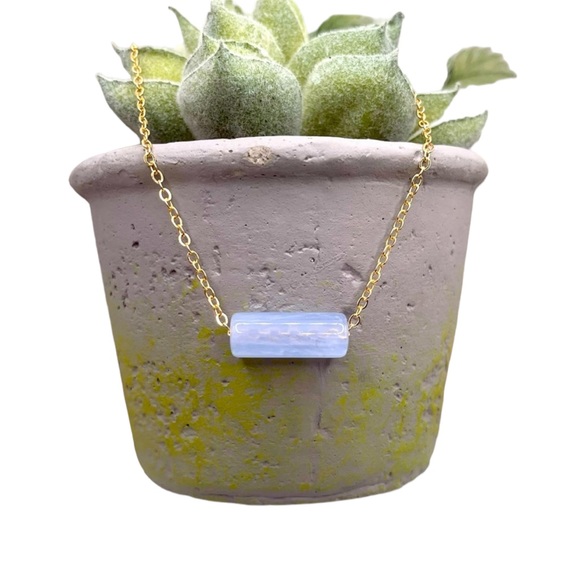 Gold and Light Blue Stone Column Necklace - Picture 3 of 6